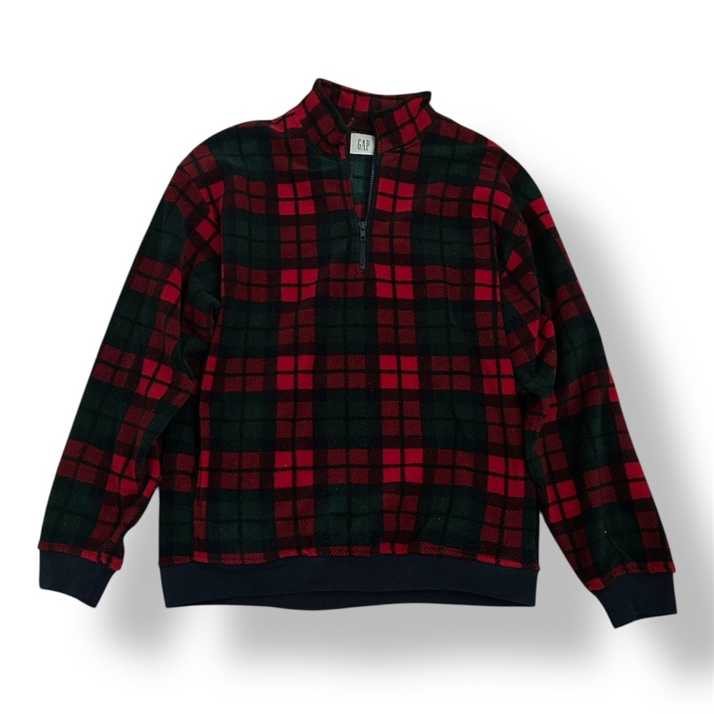 Vintage GAP 90s Red Green Plaid Fleece Quarter Zip Pullover Men’s Large